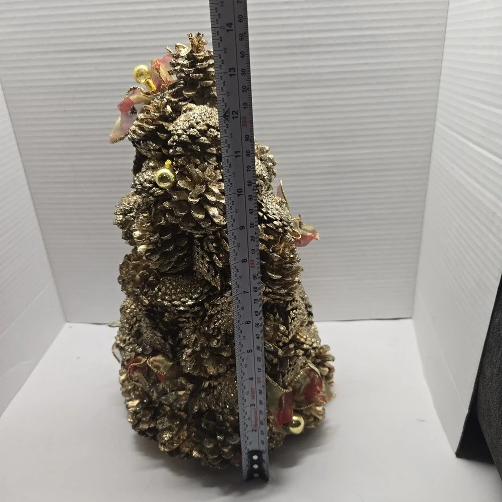 Vintage Gold-painted Tabletop‎ Pinecone Christmas Tree With Red Ribbon Accents